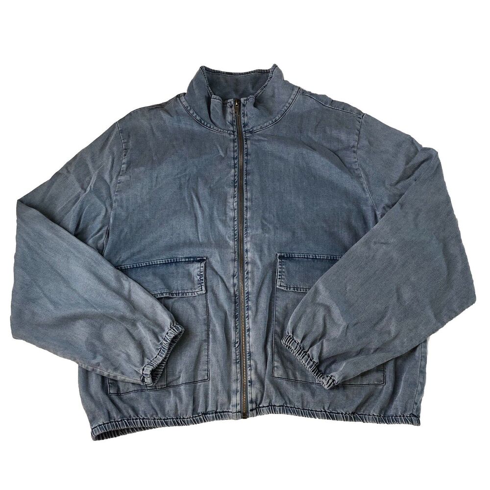 Royalty For Me Lyocell Blend Chambray Zip Up Jacket Blue Elastic Hem XL